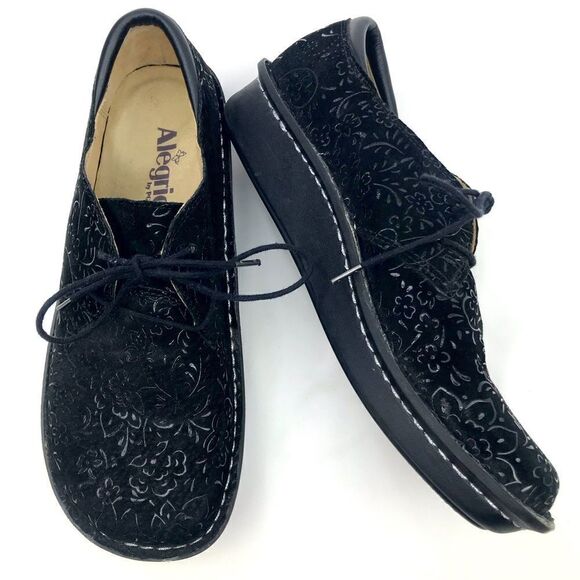 Alegria Bree Black Leather Floral Tooled Lace Up Sprigs Support Oxford Shoes - Picture 4 of 16